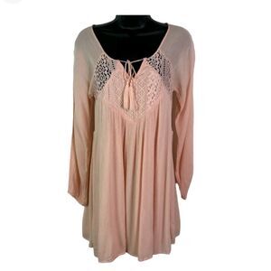 𝅺PURPLE Snow Boho Tunic Top Pale Pink Gauze Crochet Long Sleeves Size: L
